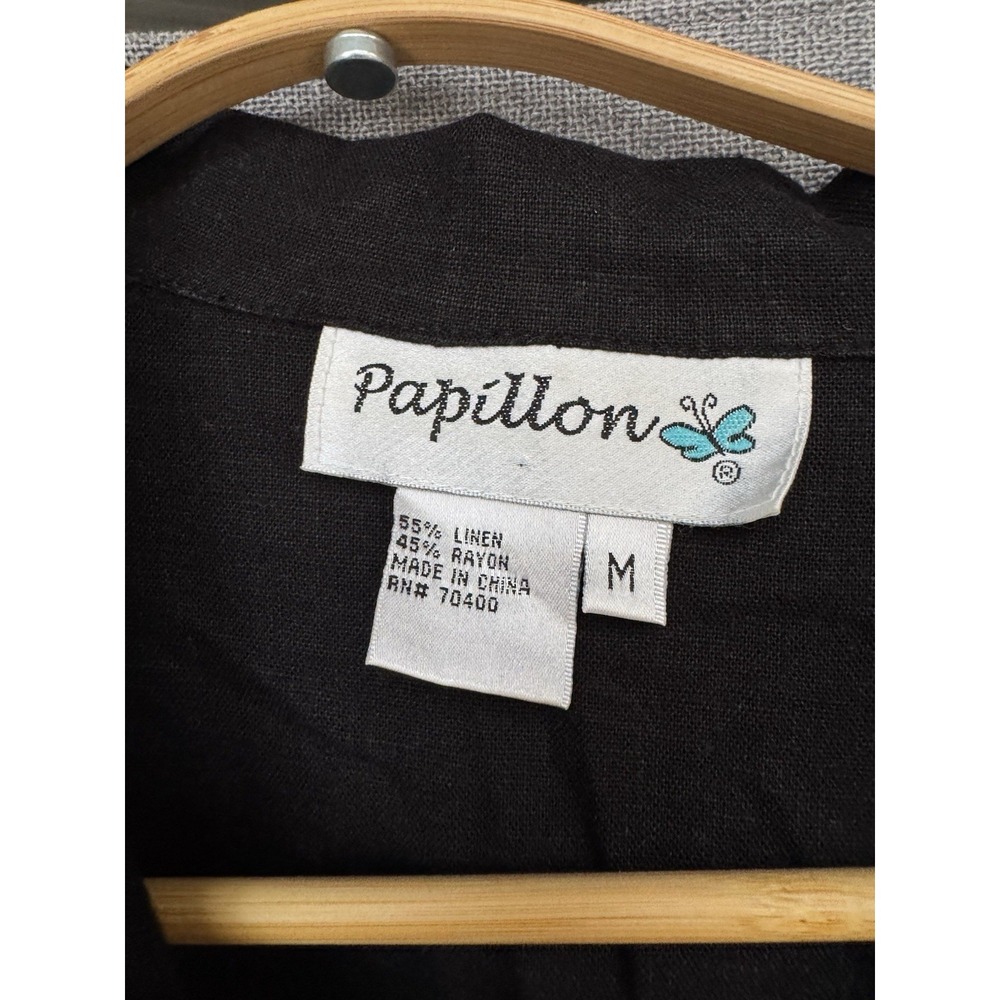 Linen Blend Tops Size M Black Embroidered Tropical Parrots Beach Tank Button VTG - Picture 11 of 11